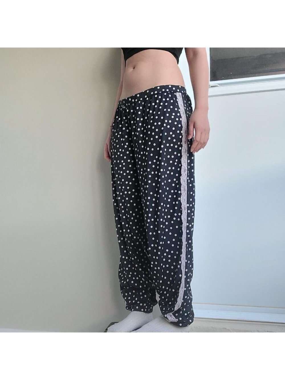 La Vie En Rose Polka Dot Lace Sheer Mesh Lightweight Lounge Pants (M)